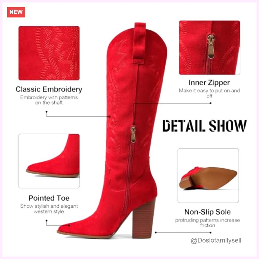 Knee High Cowboy Boots Pointed Toe Chunky Heel Pull-On Embroidered Western - Picture 4 of 7